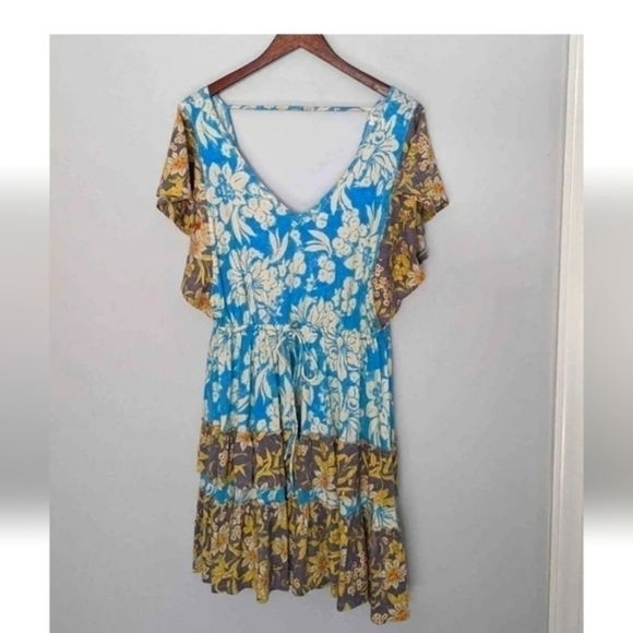 ANTHROPOLOGIE Daily Practice Tiered Ruffle Mini Dress Turquois Floral SZ Small - Picture 8 of 13